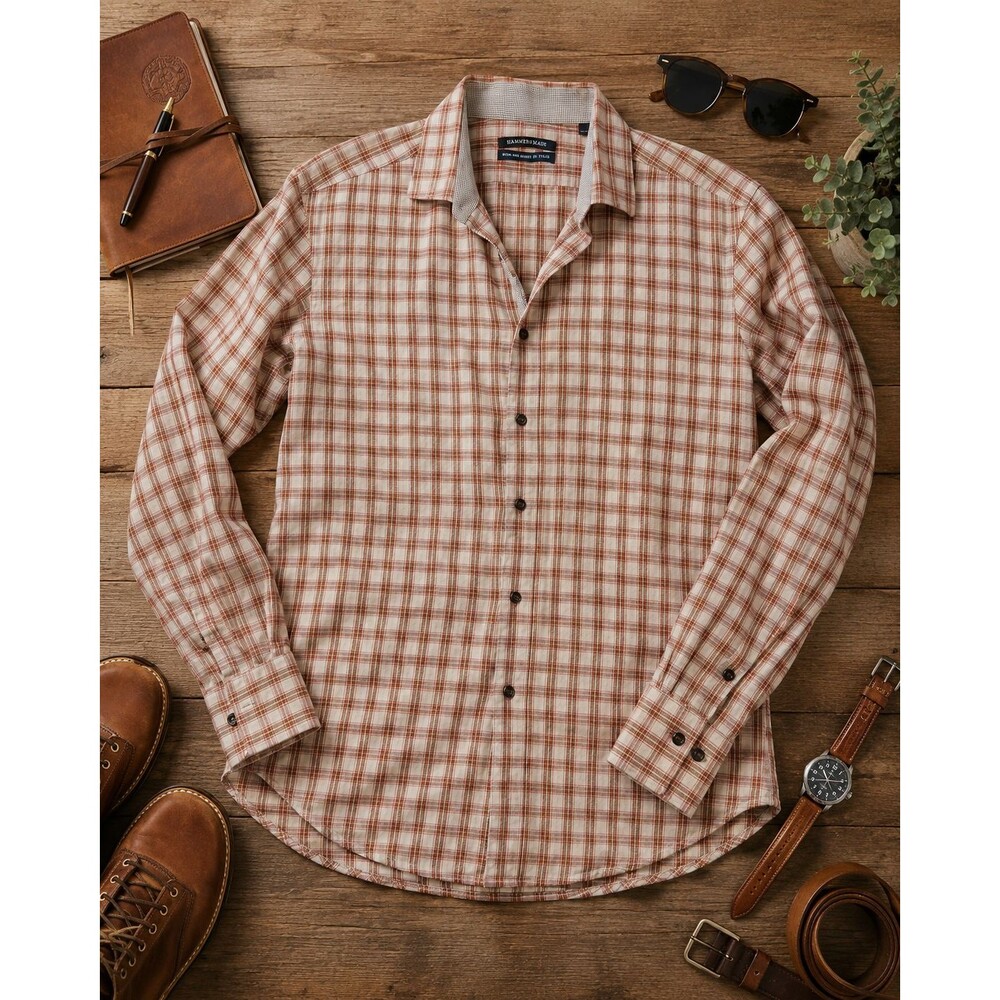 Hammer Made Men’s 46/18.5 Orange Plaid Cotton Long Sleeve Button Up Shirt